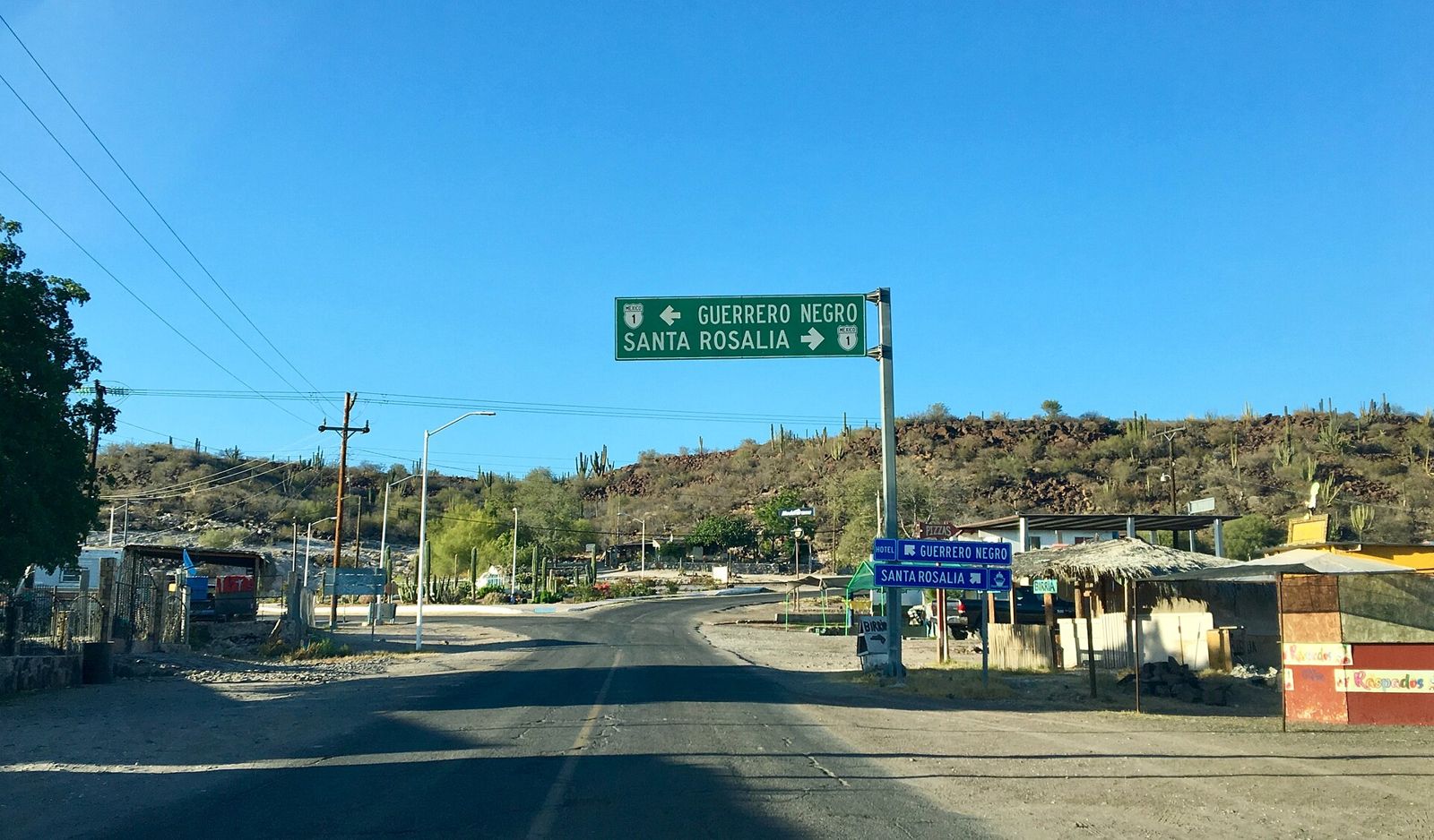 Highway 1 junction sign at San Ignacio, Baja California Sur: Guerrero Negro to the left, Santa Rosalía to the right